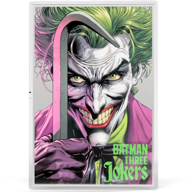Acrylic Joker with a claw, green hair, and purple suit, from Batman Three Jokers collectible silver foil series.