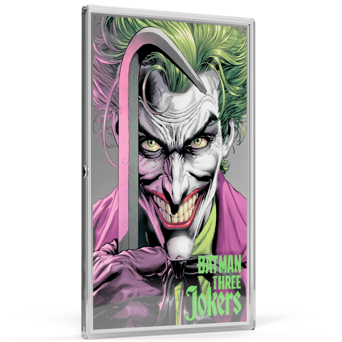 Bright green-haired Joker with menacing grin on silver foil collectible, inspired by Batman Three Jokers comic series.