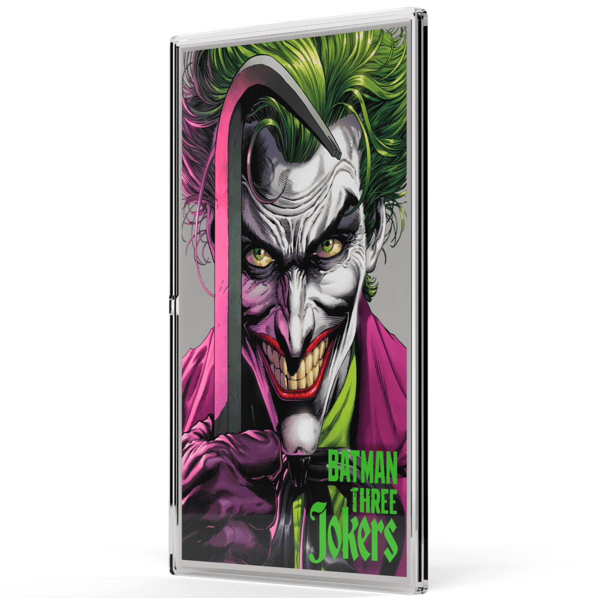 Vivid image of a Joker-themed silver foil coin featuring Batman Three Jokers with colorful comic-style artwork.