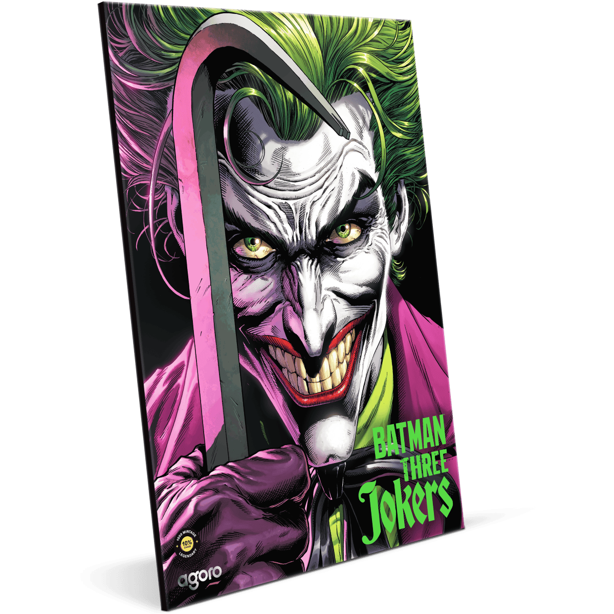 Vivid image of the 2025 Niue Agoro DC Batman Three Jokers 1 oz Silver Foil with Chase GR Reserve Packaging.