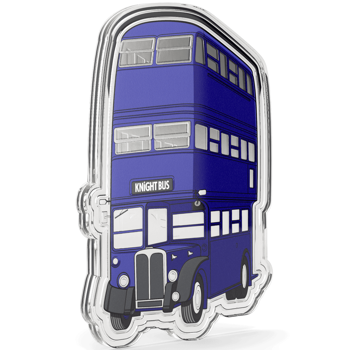 Colorful double-decker knight bus silver foil collectible featuring detailed artwork, perfect for Harry Potter fans and collectors.