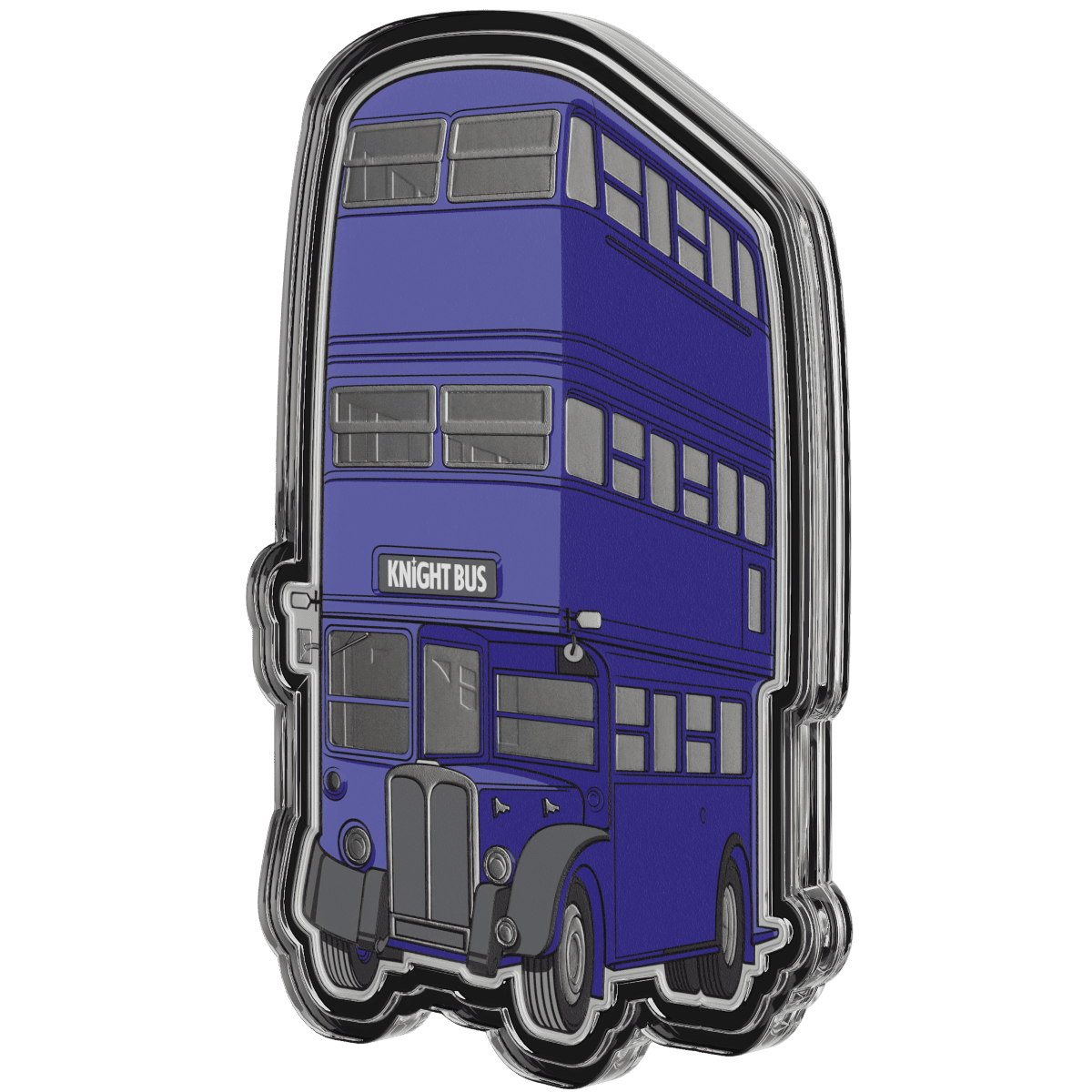Double-decker Knight Bus silver proof coin with detailed blue and black design, featuring a capsule for protection.