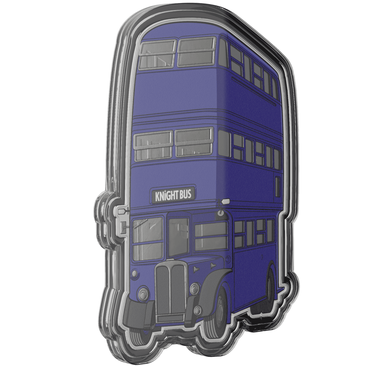Double Decker Knight Bus silver foil collectible coin from Niue, featuring vibrant blue design.