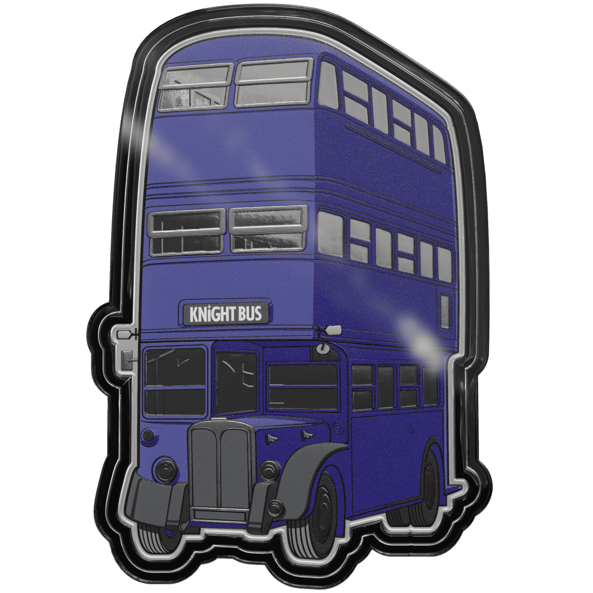 A detailed image of a Niue Harry Potter Knight Bus 1 oz silver proof coin encased in front capsule.