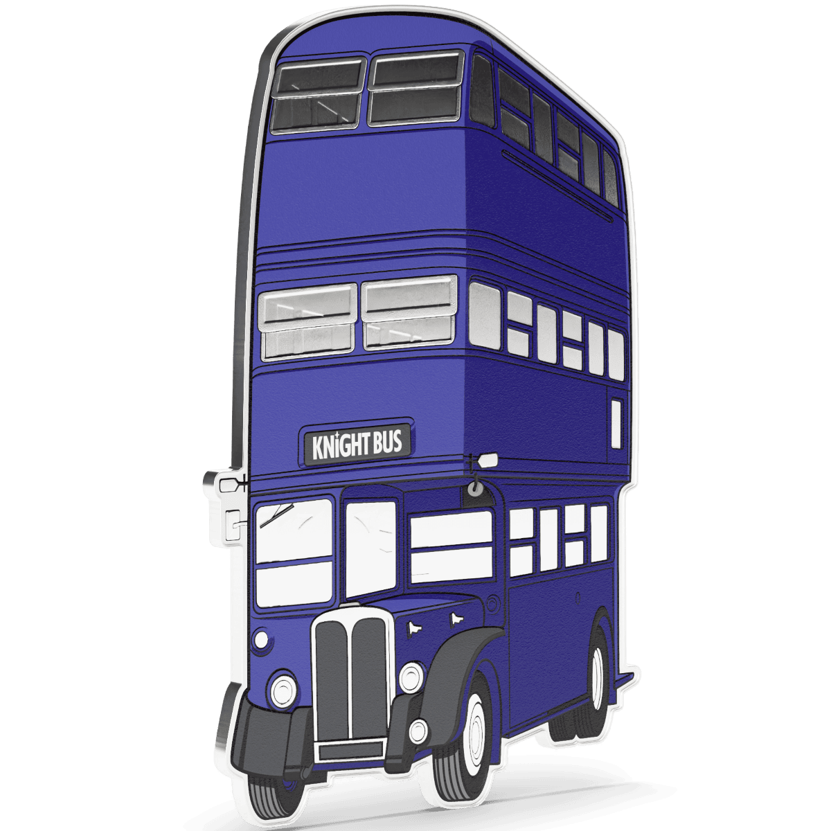 Double-decker knight bus silver proof coin featuring Harry Potter's magical transport, detailed in vibrant blue and silver.