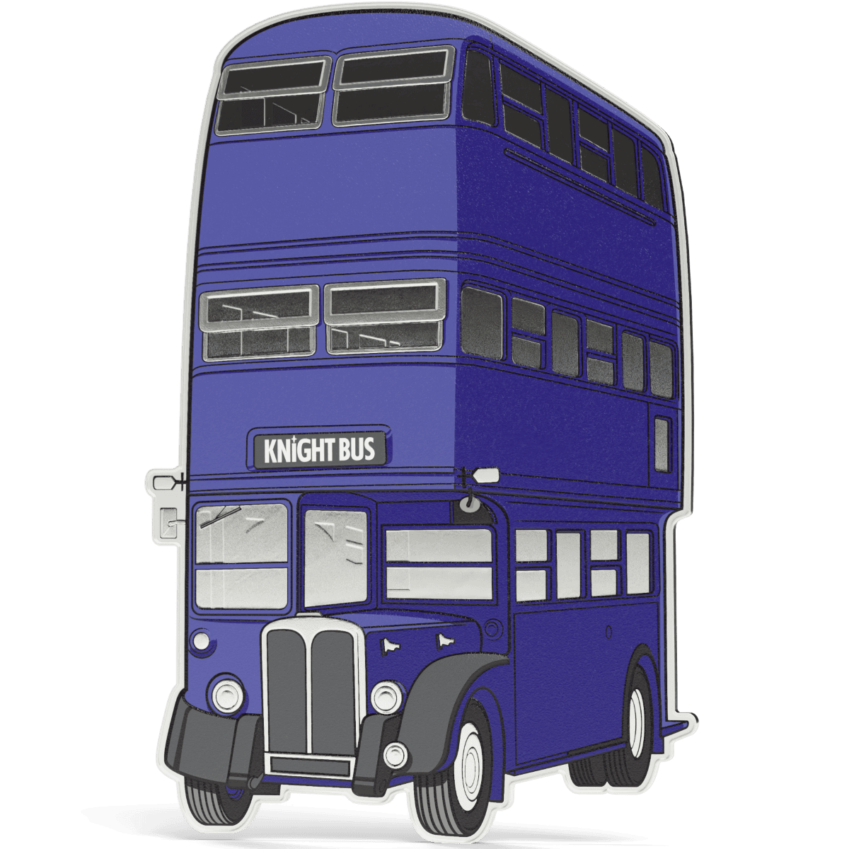 Vintage blue double-decker Knight Bus silver proof coin with intricate detail and Harry Potter branding.