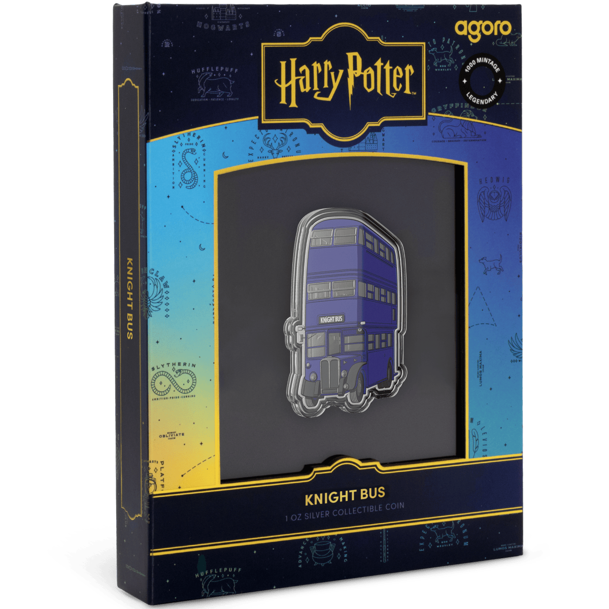 Intricate Harry Potter Knight Bus 1 oz silver proof coin in collector packaging featuring magical transportation theme.