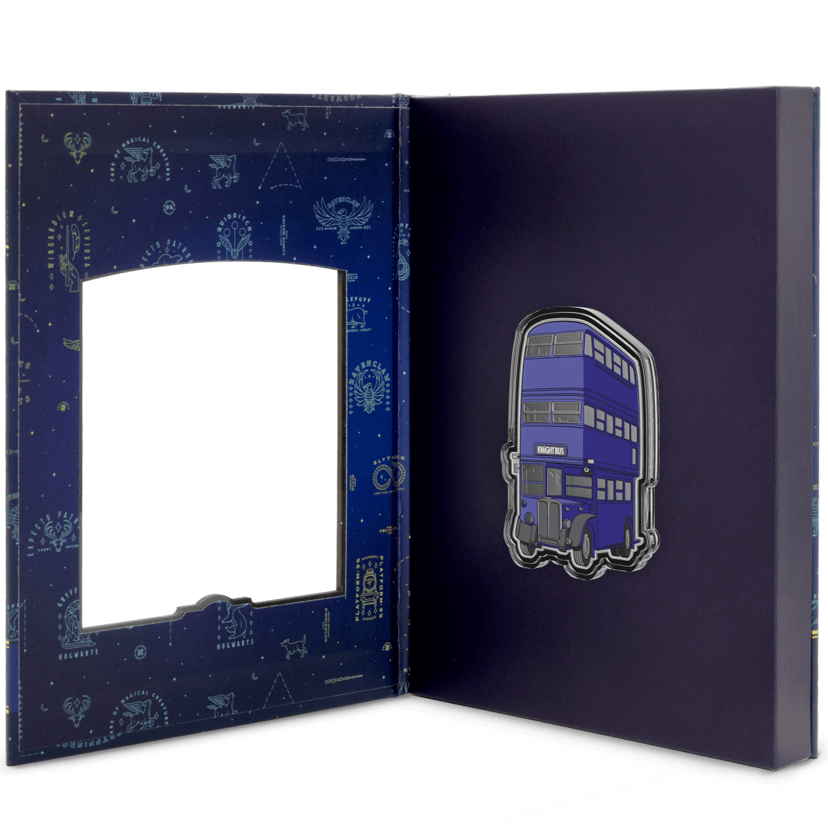 Enchanted blue Hogwarts-themed packaging featuring a detailed Knight Bus enamel coin design, 2025 silver proof collectible.