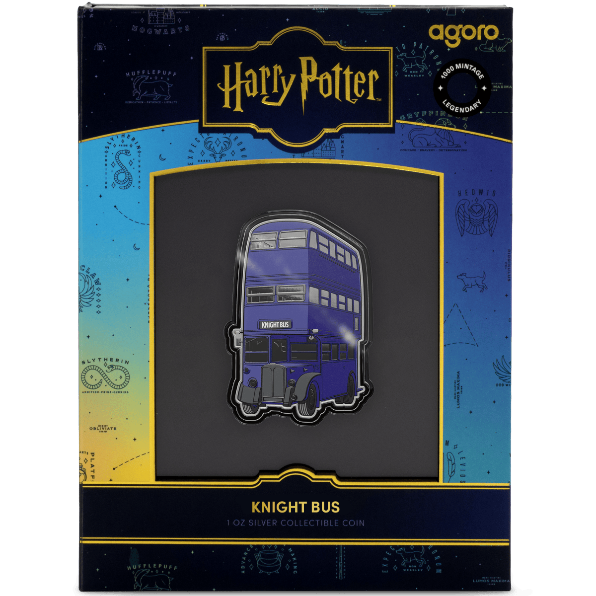 Colorful Harry Potter Knight Bus silver proof coin in collectible packaging, featuring detailed design and limited edition mintage.