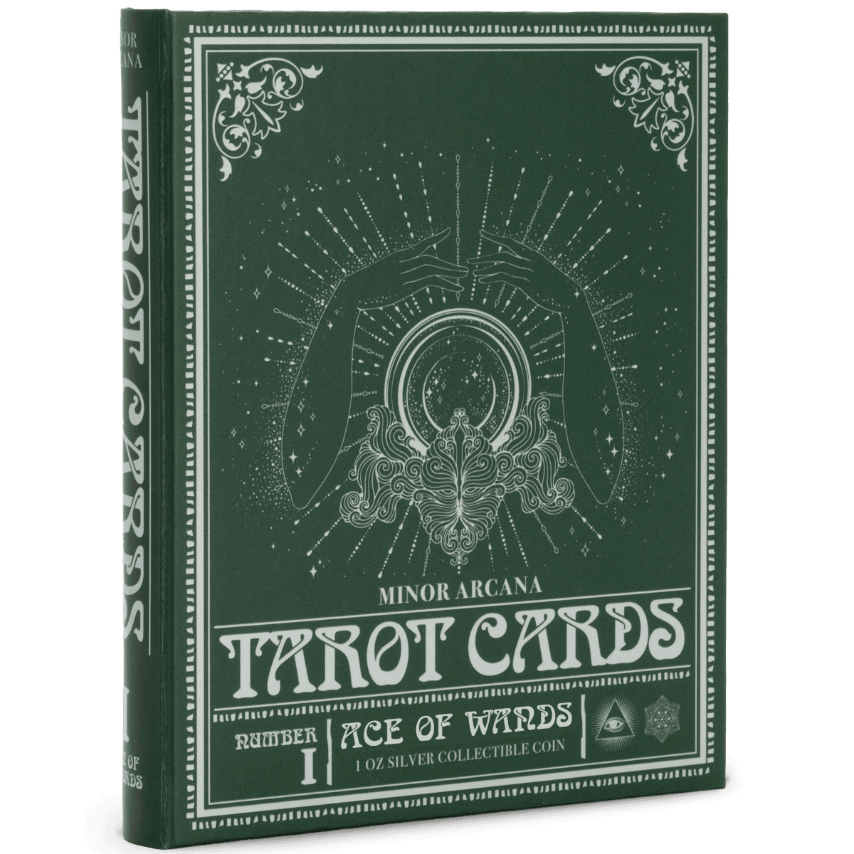 Silver proof coin featuring the Ace of Wands from Niue Agoro Tarot Cards Minor Arcana set, in a display Reserve Box.