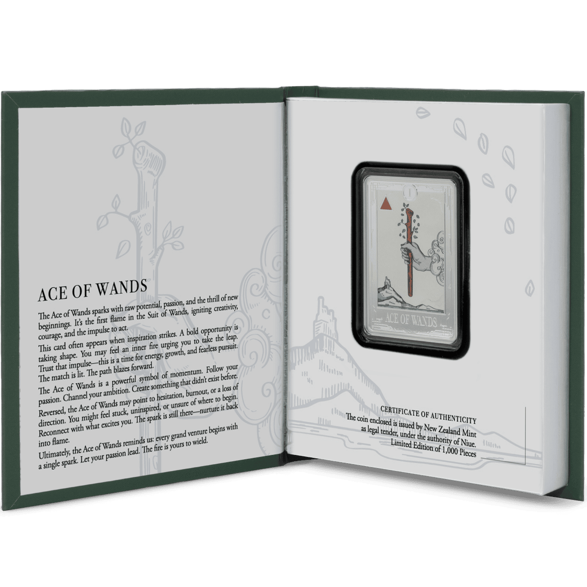 Vintage Niue Agoro Tarot Cards Ace of Wands 1 oz Silver Proof Coin in Limited Edition Box.