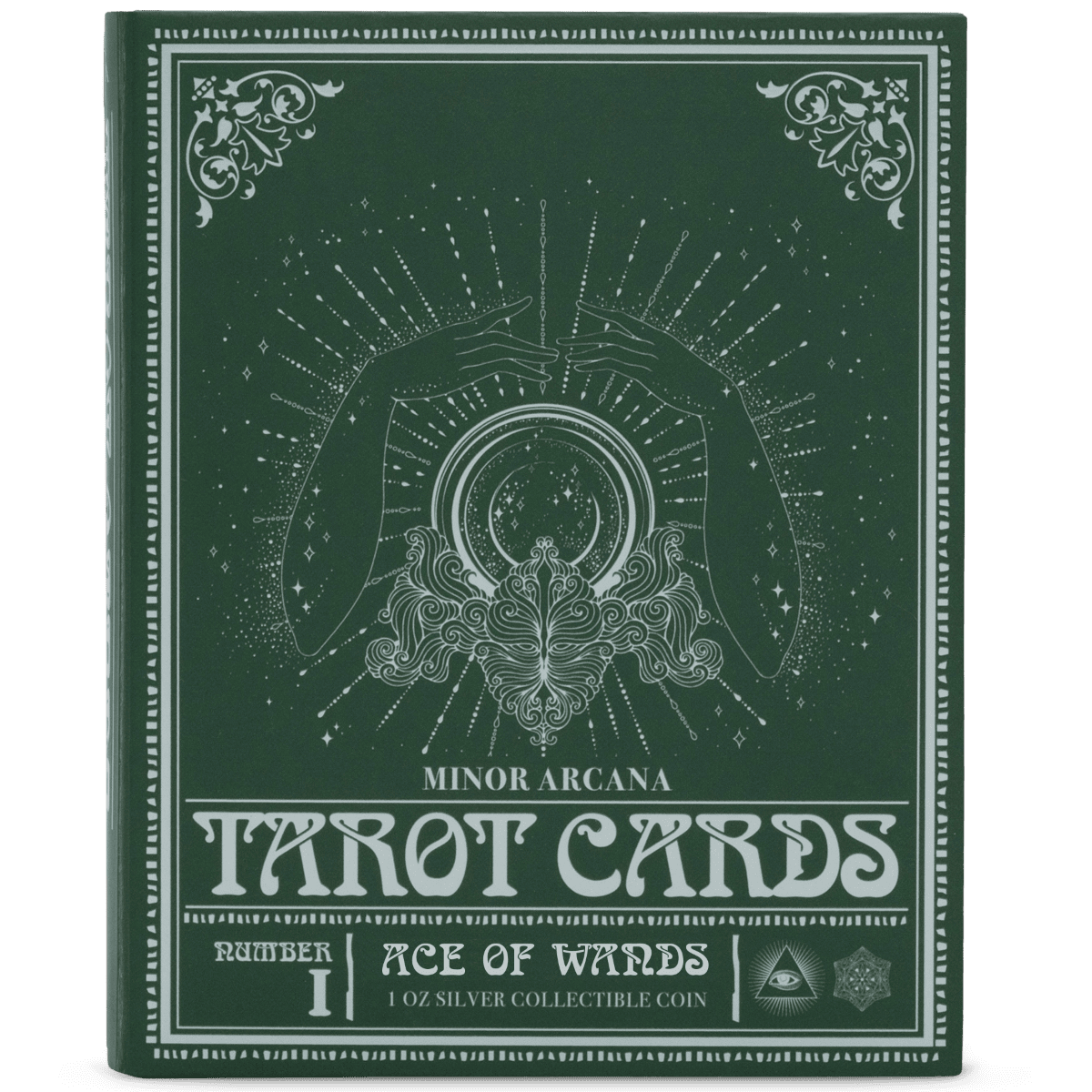 Intricate green tarot card box featuring celestial and mystical design for Niue Agoro Tarot Coins.