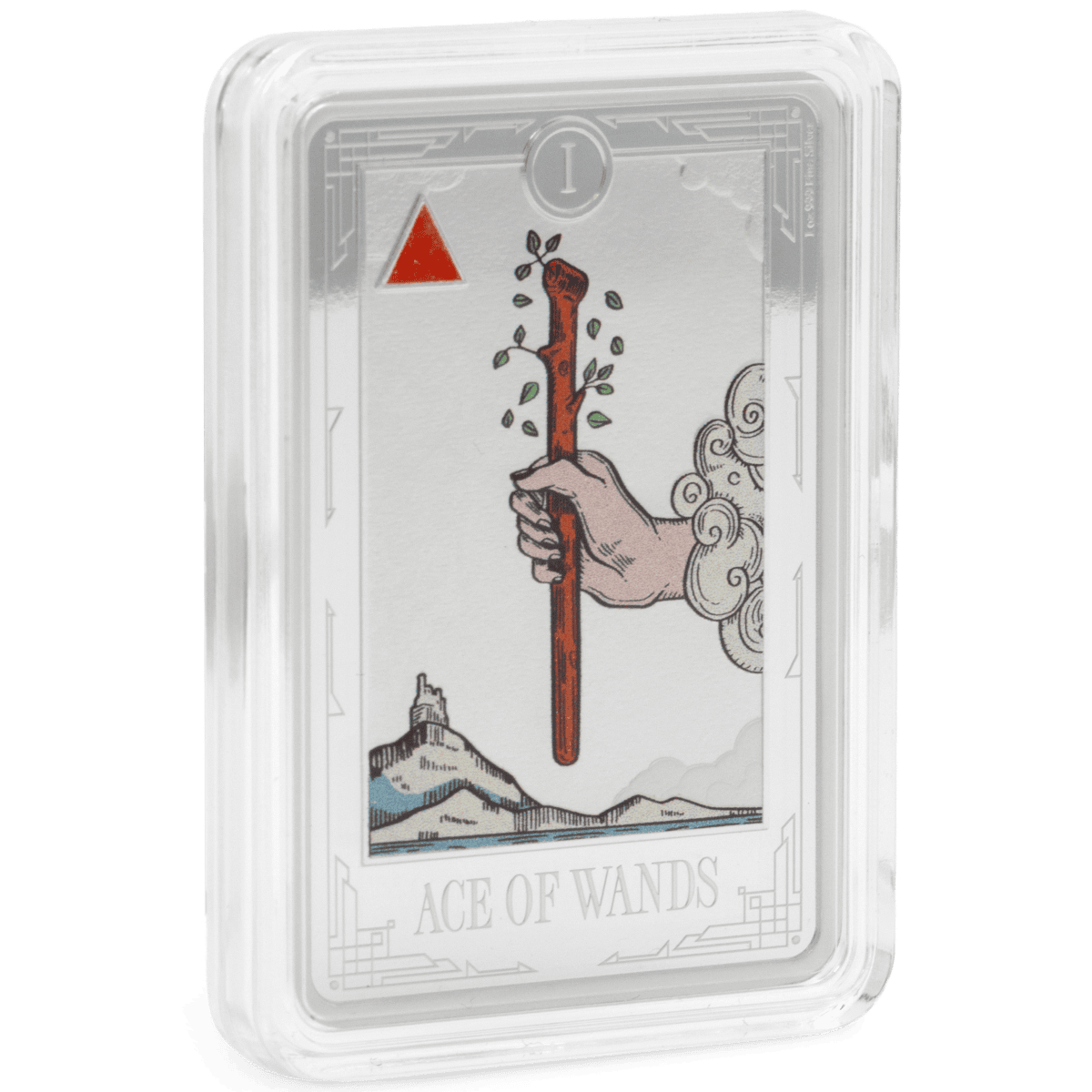 Intricate Ace of Wands tarot card design on a 1 oz silver proof coin in a clear protective case.
