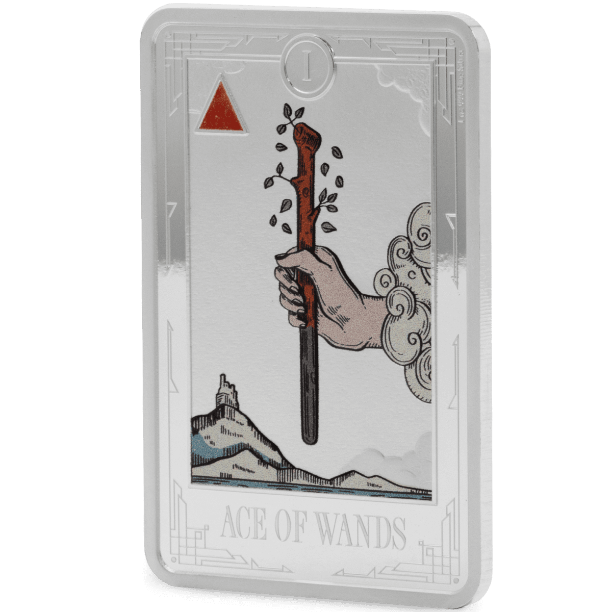 Silver Tarot Card Coin with Ace of Wands design, featuring intricate details and vibrant colors.