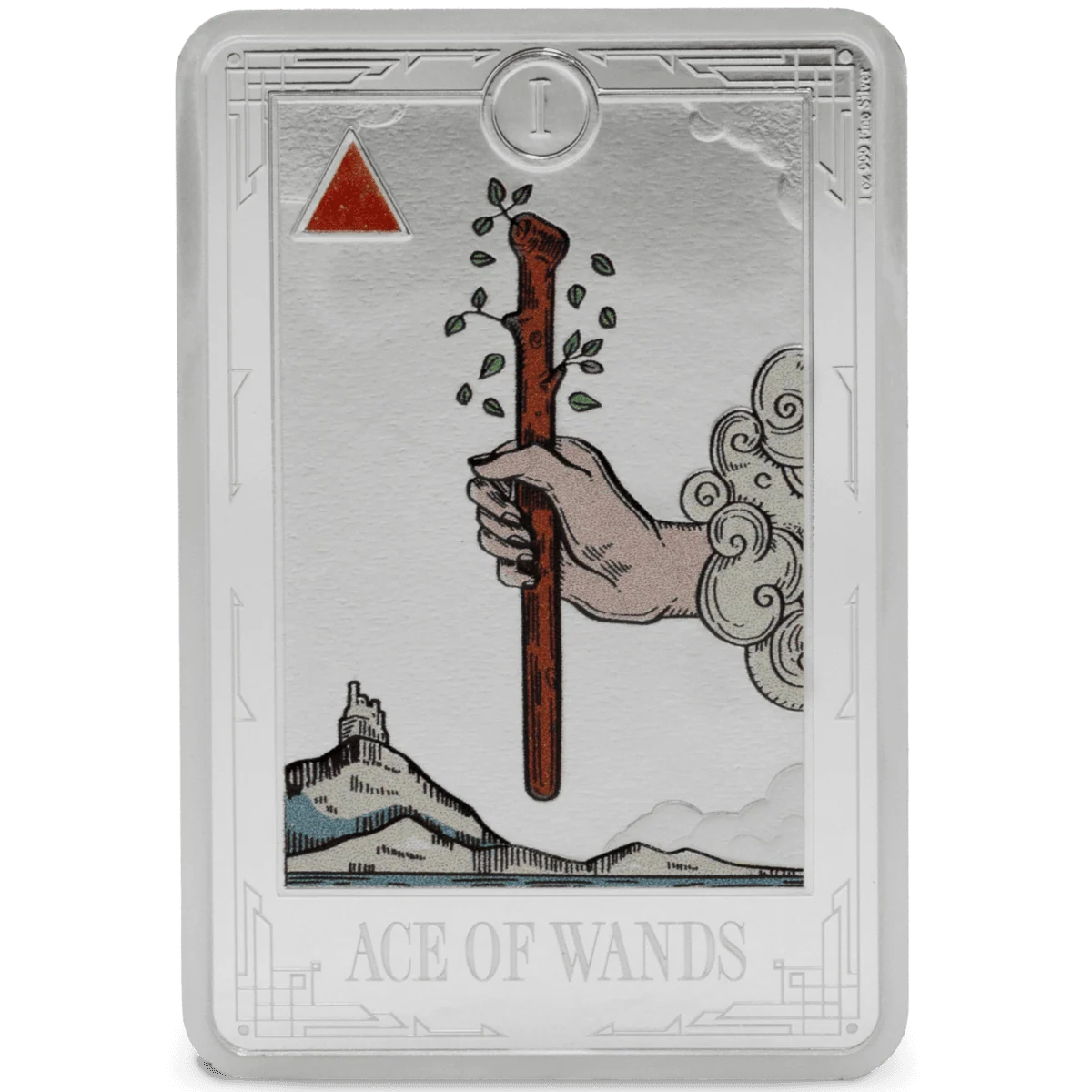 Vivid image of the Ace of Wands tarot card depicted on a silver proof coin, featuring layered design details and symbolic imagery.