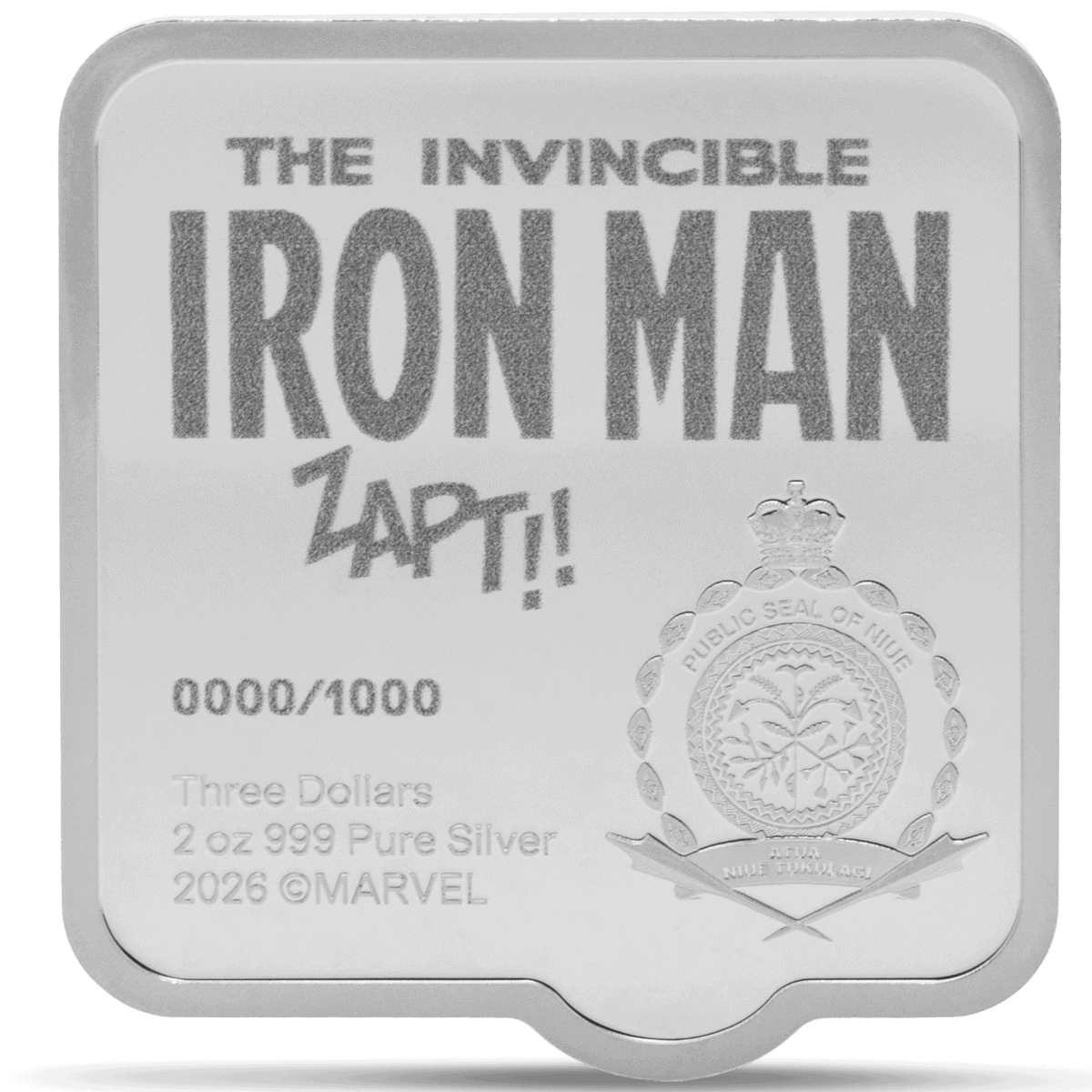 Bright silver coin featuring Iron Man design, Marvel branding, and Niue emblem, 2 oz 999 pure silver, 2026 Marvel collectible.