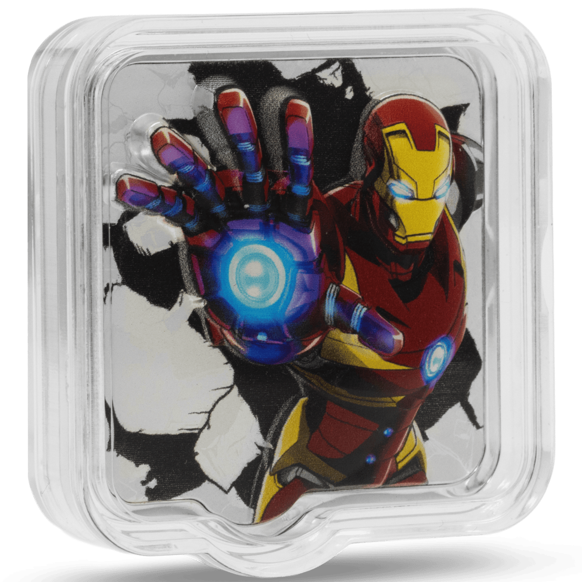 Marvel Iron Man 2 oz Silver Ultra High Relief Coin in a premium case, featuring vibrant color artwork from the Marvel Universe.