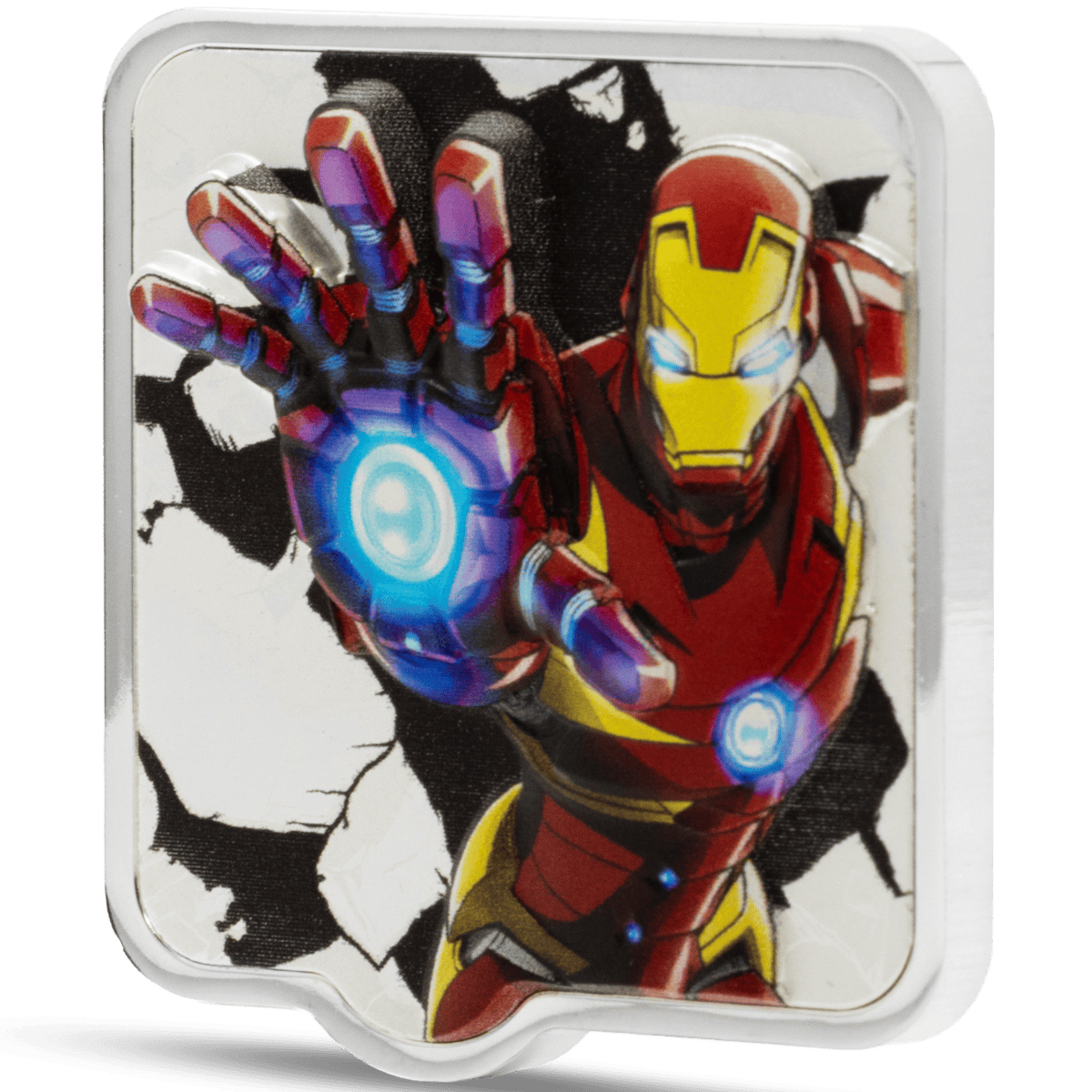 Iron Man Marvel smash Niue ZAPT 2 oz silver ultra high relief coin with vibrant colored design.