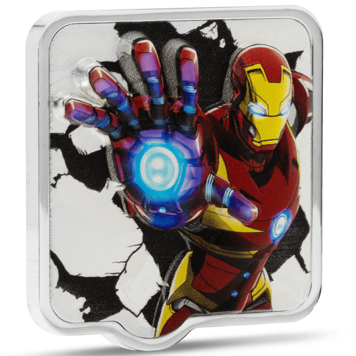 Iron Man Marvel Smash Niue 2 oz silver ultra high relief collectible coin with detailed design.
