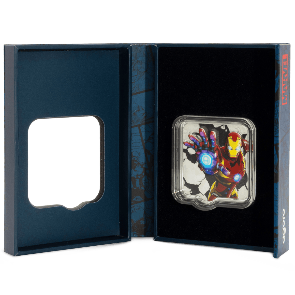 Shiny Iron Man 2025 Niue Marvel silver coin in collectible display box with open black interior compartment.