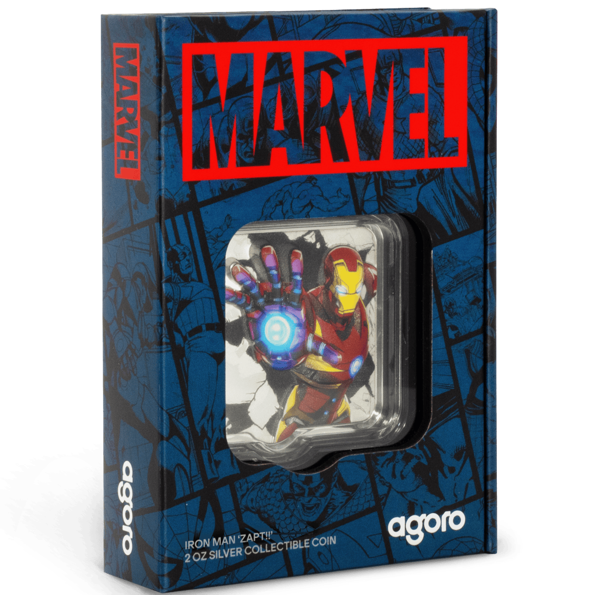 Marvel Iron Man ZAPT 2 oz Silver Ultra High Relief Coin in collectible packaging.