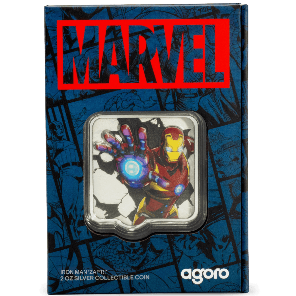 Marvel comic-style design on blue background with Iron Man ZAPT! 2 oz silver collectible coin in high relief packaging.