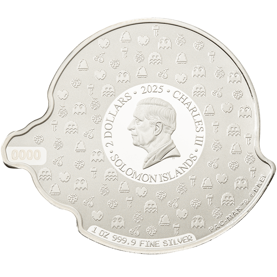 Colorized Solomon Islands Pac-Man 45th Anniversary 1 oz Silver Proof Coin with detailed Pac-Man themed design.