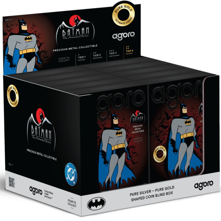 Batman Agoro DC Silver Proof Coin with Gold Chase in black reserve case, collectible shaped coin packaging.