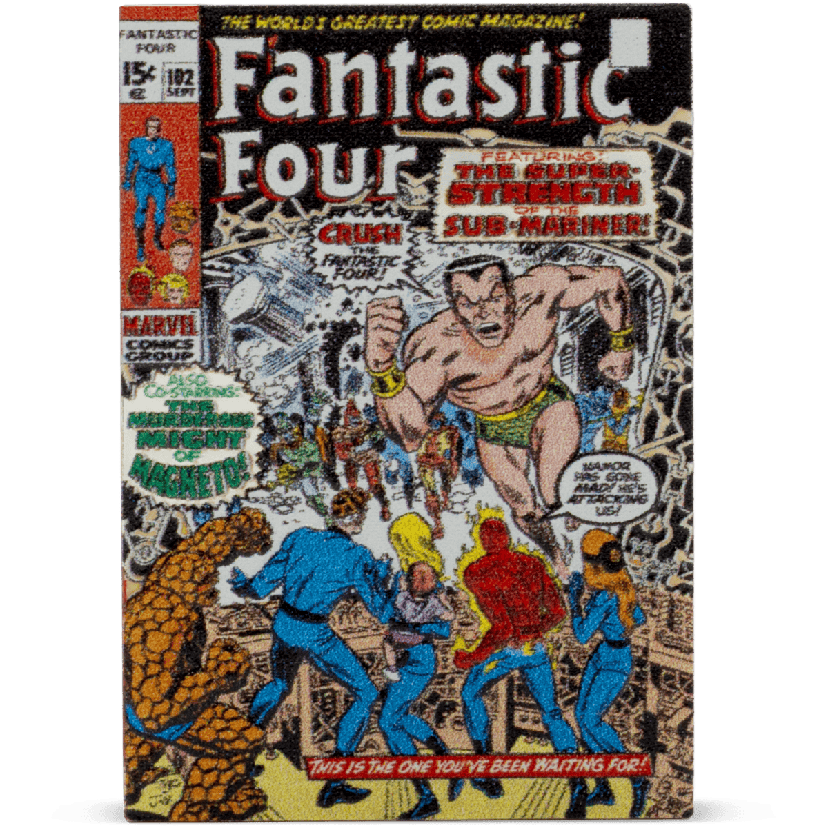 Colorful comic book cover of Fantastic Four featuring the Sub-Mariner in motion, with other superheroes and comic elements.