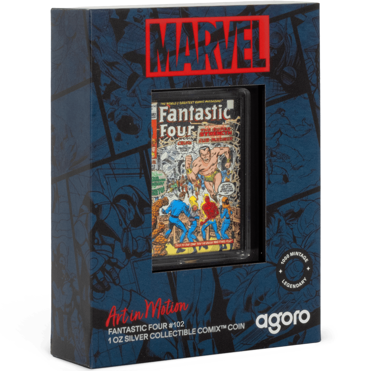 Marvel comic-inspired silver foil collectible coin in vibrant packaging.