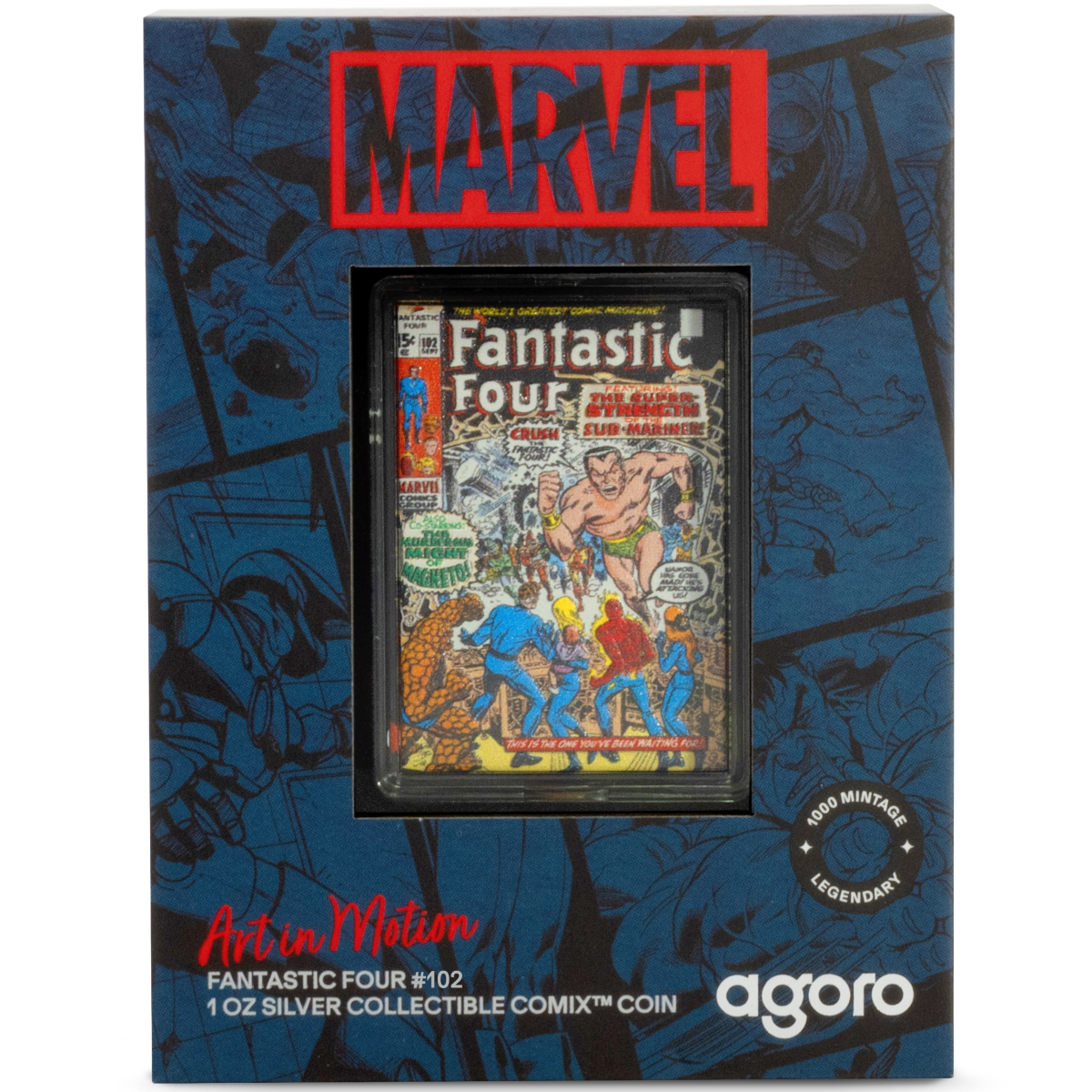 Bright silver art coin featuring Fantastic Four comic cover in a protective display case with Marvel branding.
