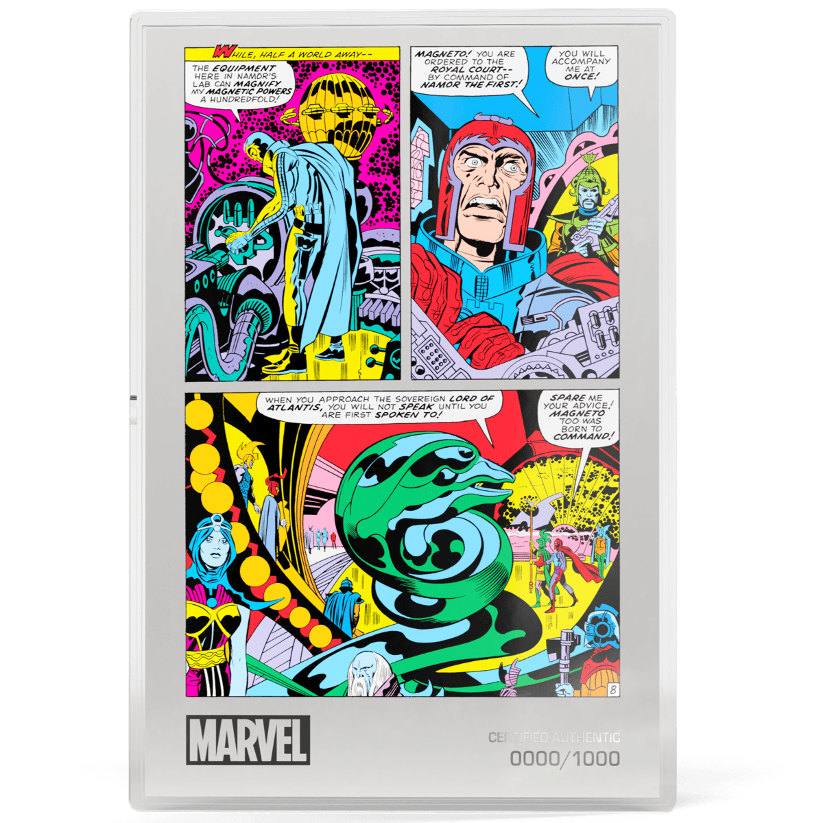 1. Niue Agoro Marvel comic art in vibrant colors on 1 oz silver foil with Fantastic Four theme.