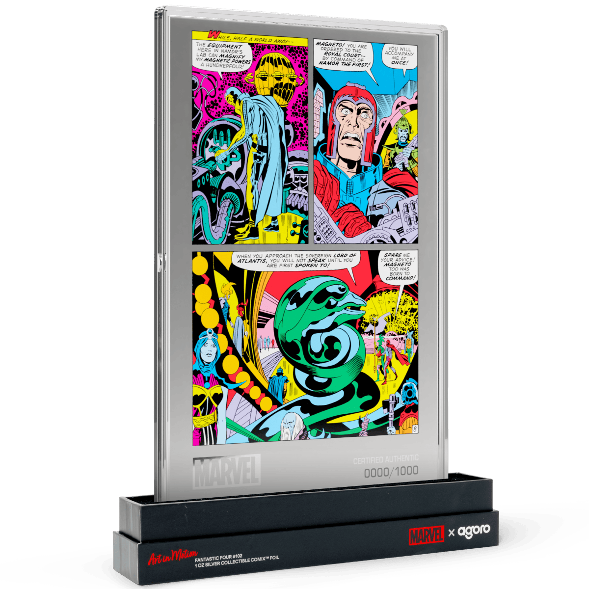 1. Marvel comic book artwork on a Niue silver foil collectible featuring the Fantastic Four, graded and limited to 1000 copies.
