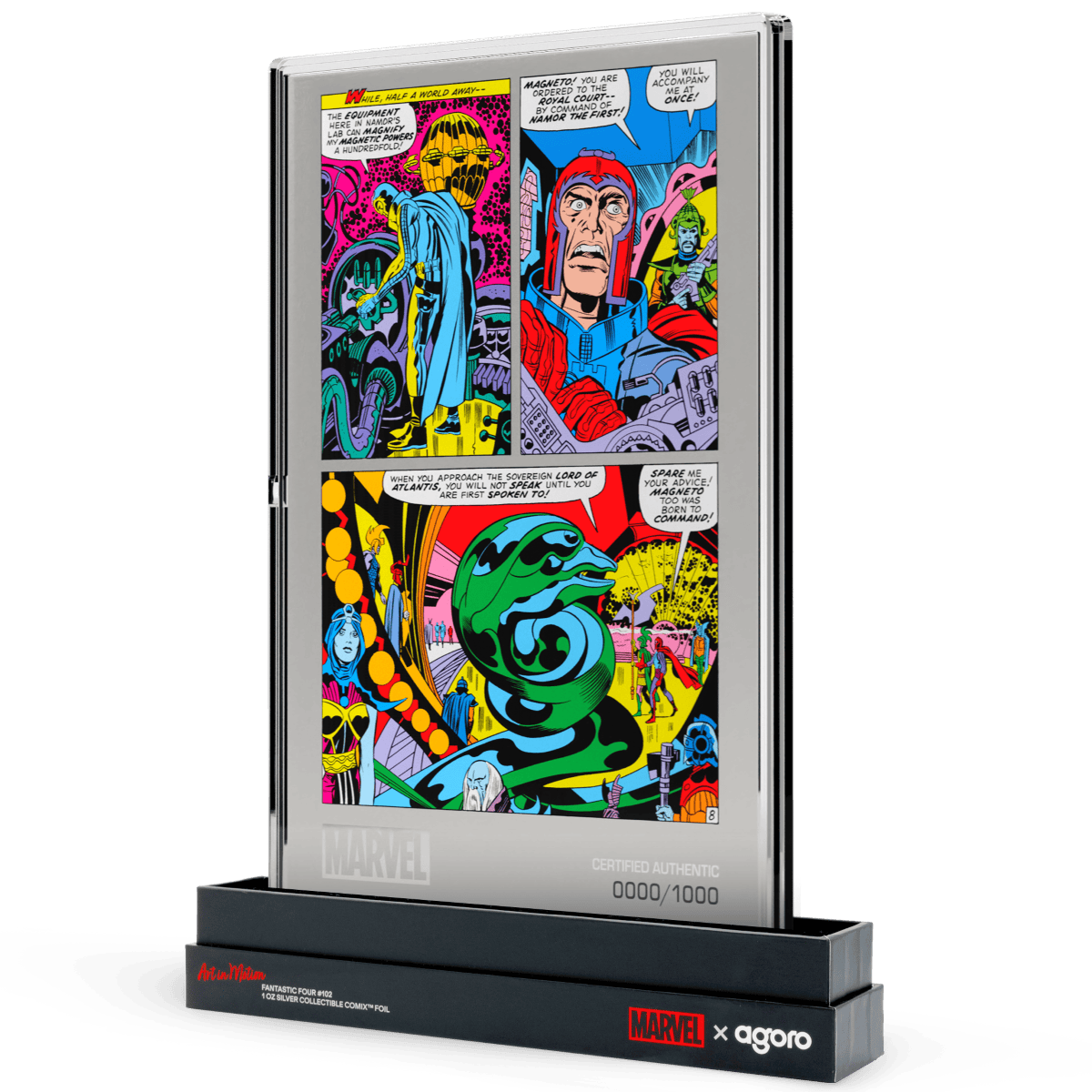Vibrant Marvel comic artwork on a 1 oz silver foil collectible coin with Agoro Marvel logo and numbered authenticity mark.