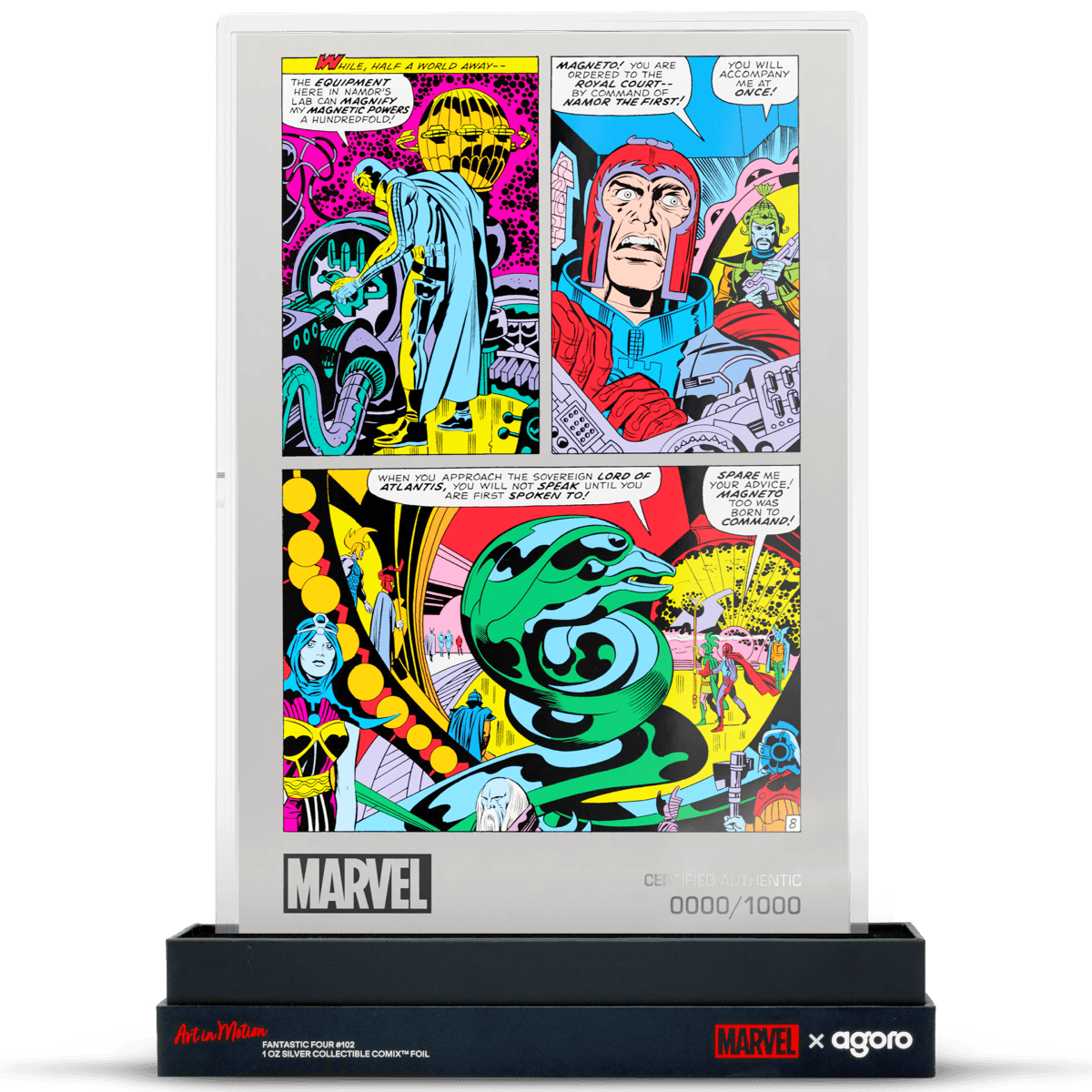 Vibrant Marvel comic book art on a silver foil collectible featuring Marvel's Fantastic Four characters.
