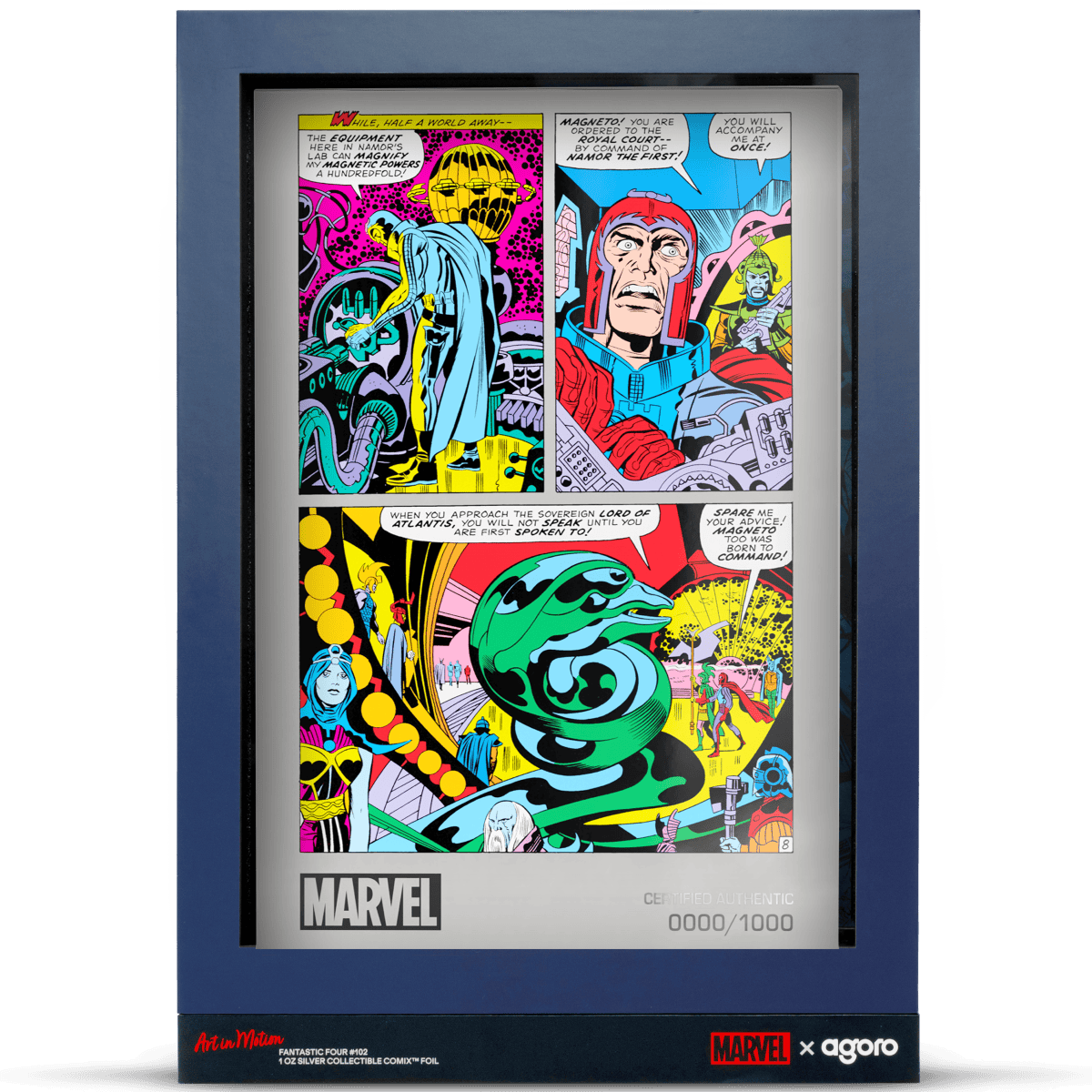 Intricate Marvel comic artwork on silver foil, featuring Fantastic Four characters in vibrant colors and dynamic scenes.