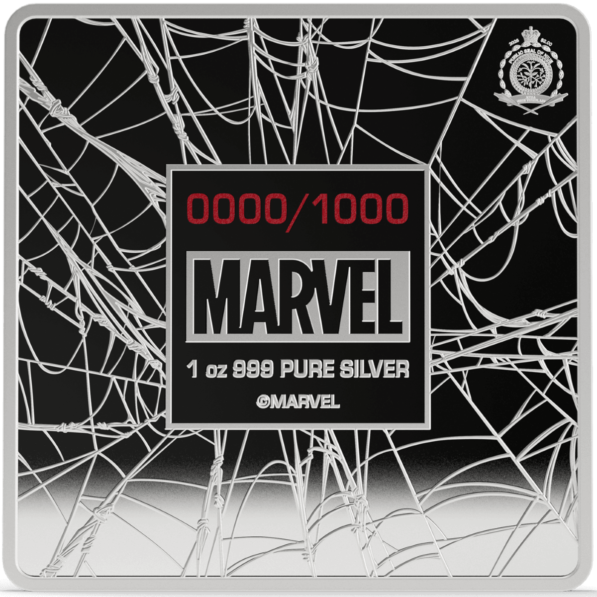 Shiny silver Marvel coin featuring Spider-Man with a detailed web design background and a limited edition numbering.
