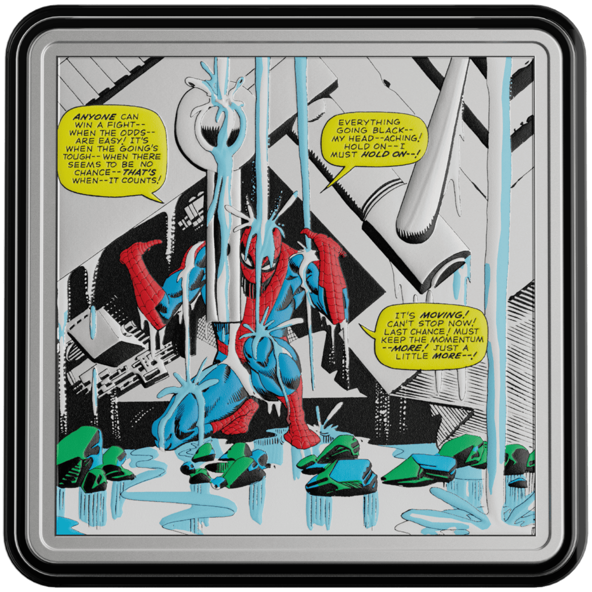 A hero fight scene shows Spider-Man finding strength amid a flooding environment, with speech bubbles emphasizing resilience and determination.