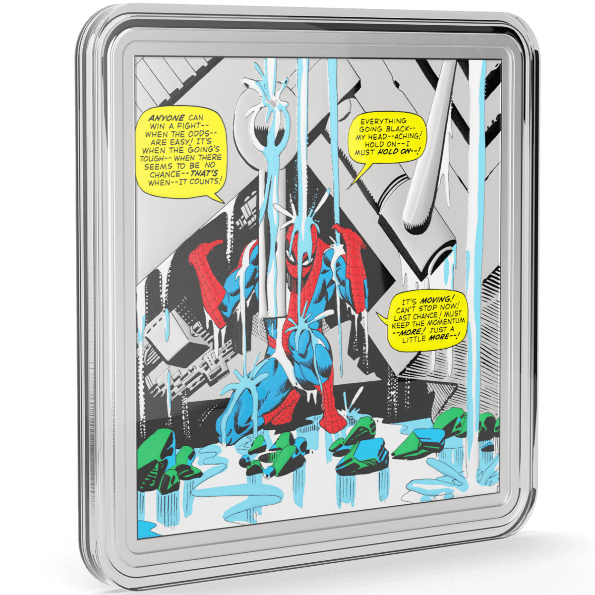 A Marvel Spider-Man comic-themed 1 oz silver coin encased in a clear display capsule.