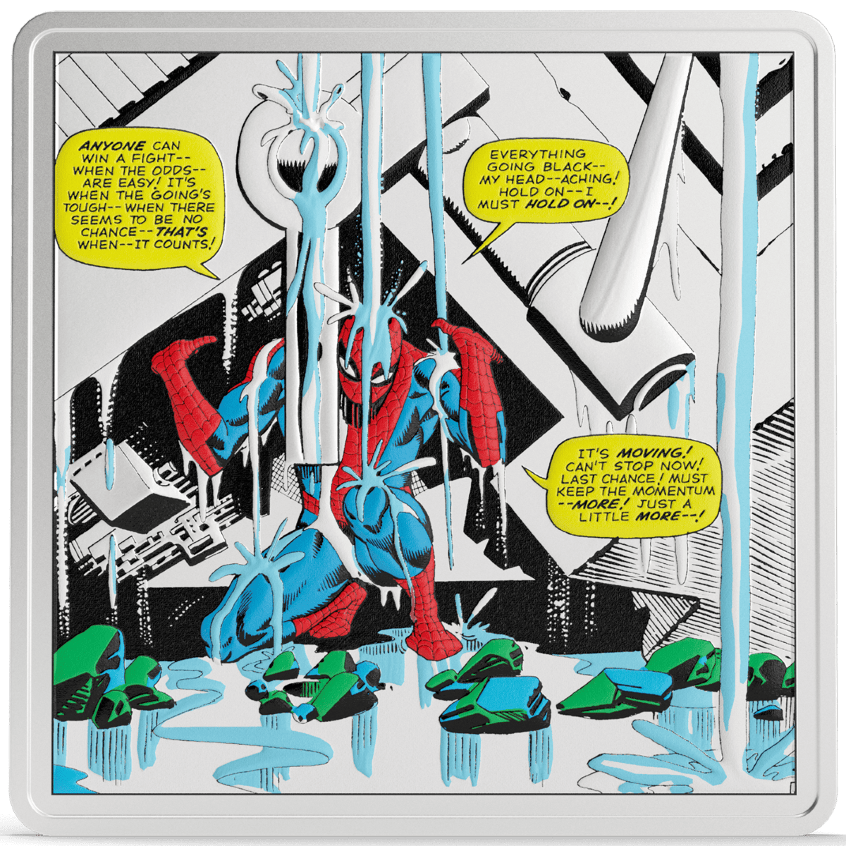 Vivid Spider-Man illustration featuring Marvel iconic moments, silver coin, and artistic comic design.