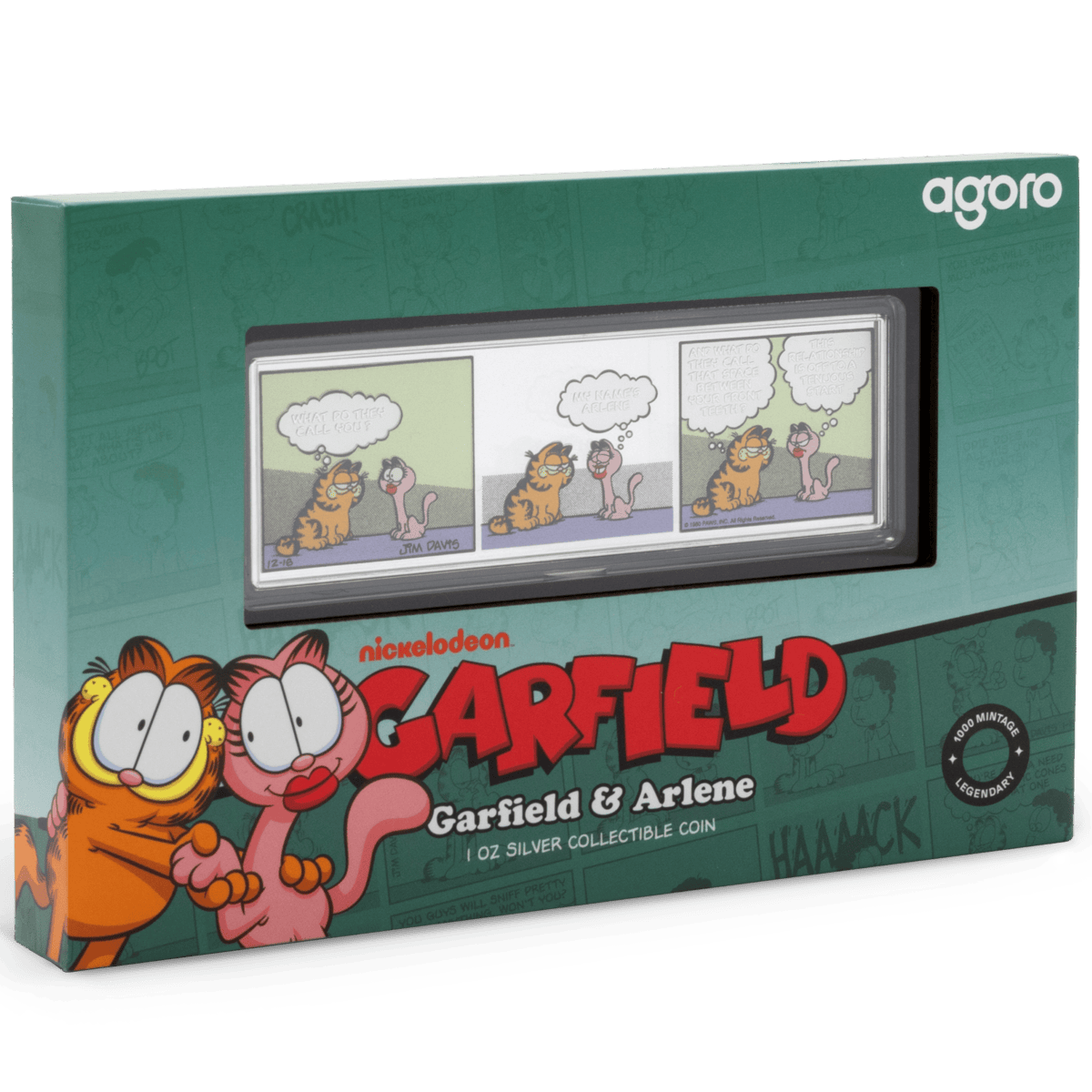 Colorful Garfield and Arlene comic strip on a silver proof coin in a branded package.