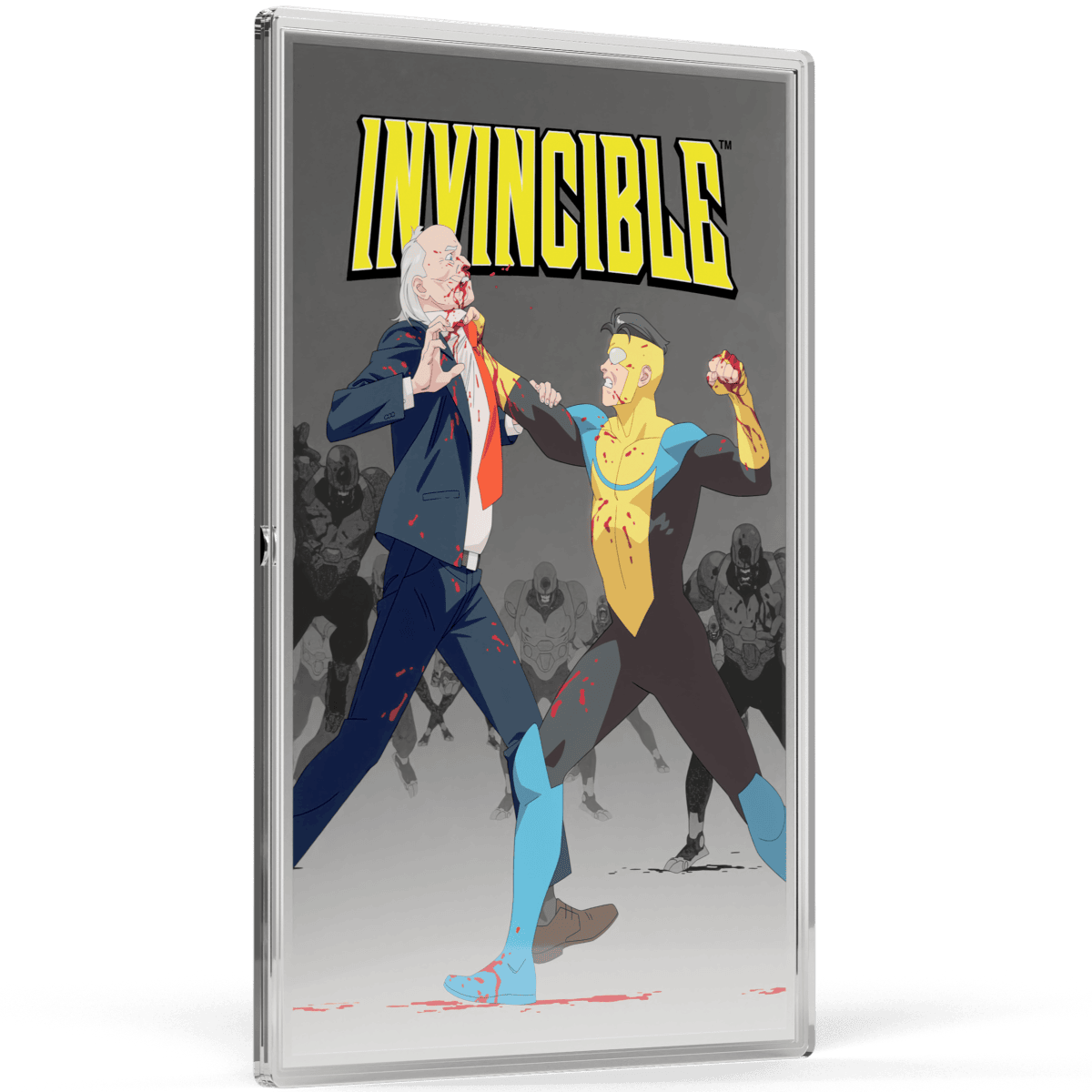 Raging Invincible comic scene featuring a colorful superhero fight, clear details of silver-colored foil, official Season 3 poster.