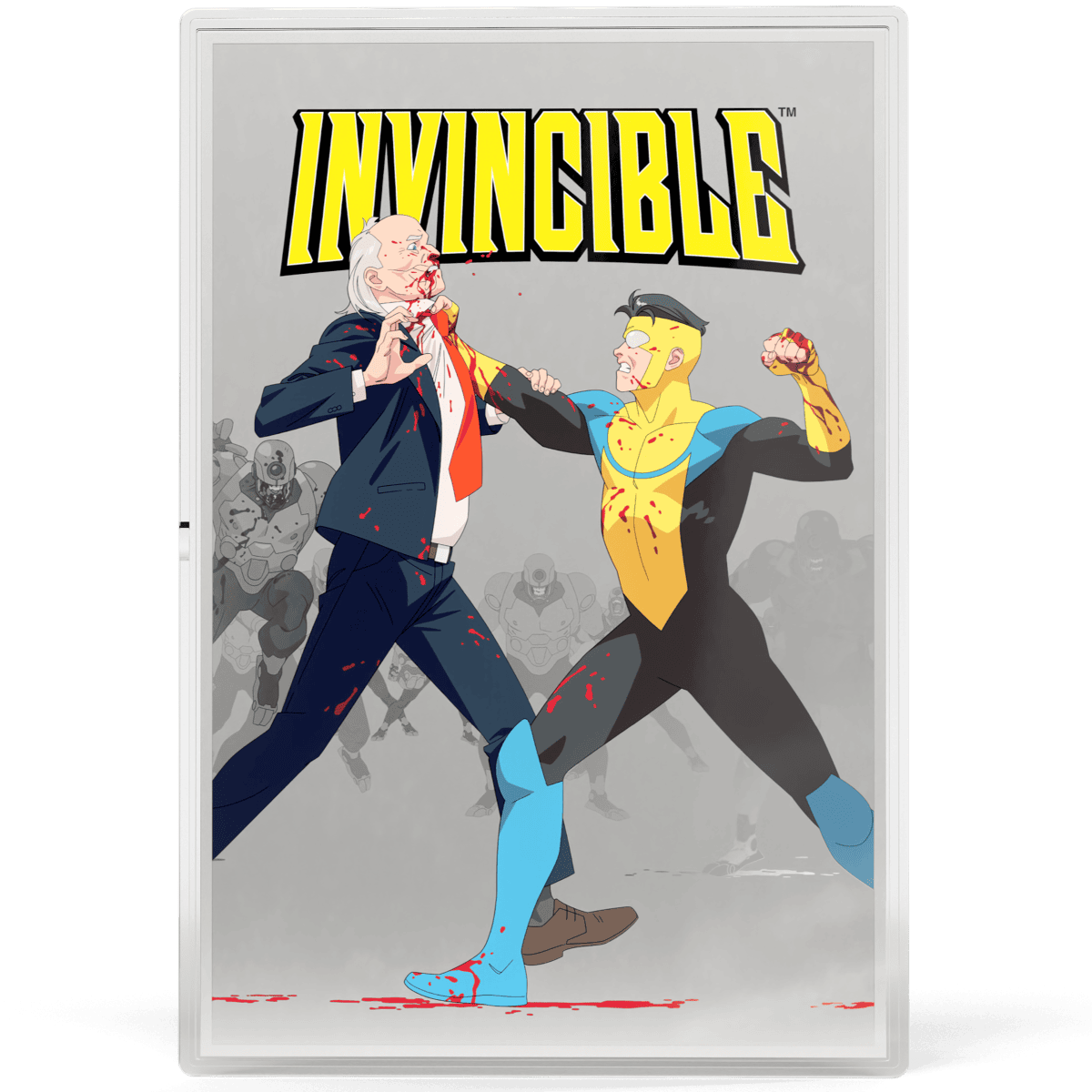Blood-splattered Invincible vs. billionaire fight scene on the Silver Colorized Proof Foil silver coin.