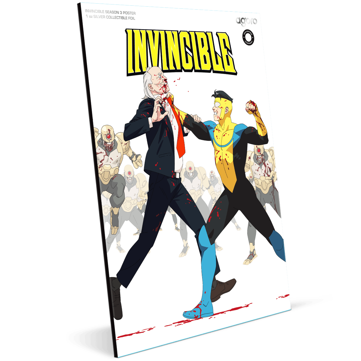 Colorized silver proof foil poster featuring Invincible Season 3 with heroic battle scene.