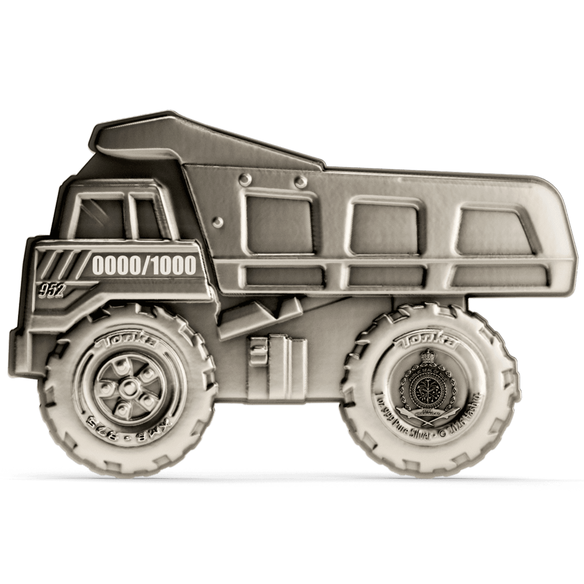1. Silver colorized dump truck coin with Monta logo and serial number 0000/1000.