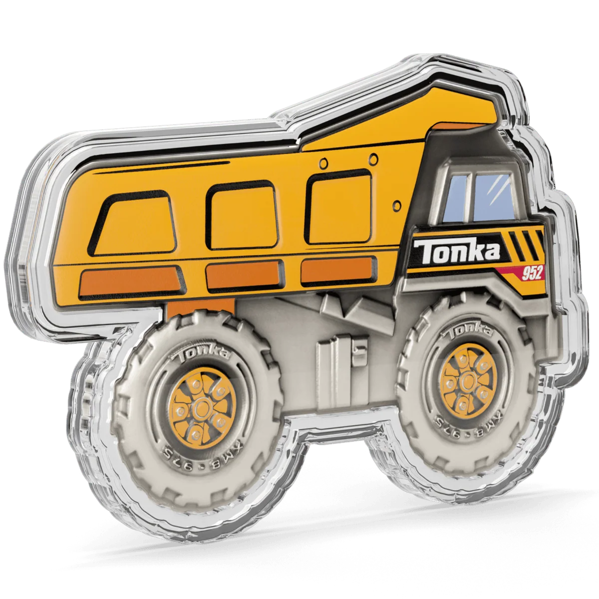 Colorized Tonka dump truck 1 oz silver proof coin with capsule, featuring detailed truck design for collectors.