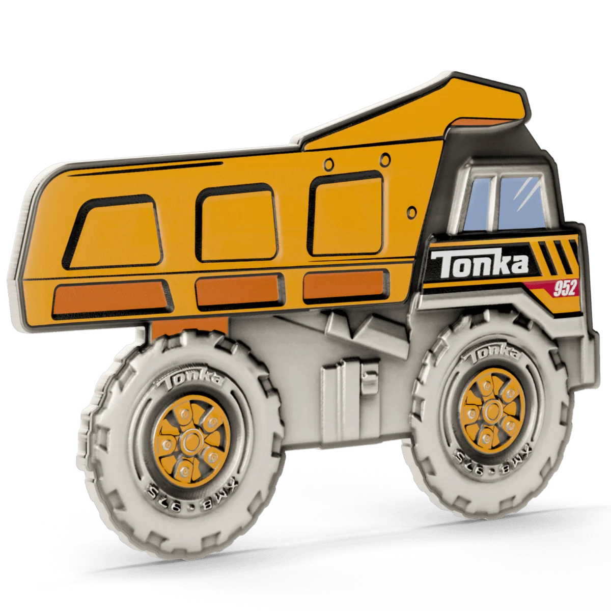 Colorized Tonka dump truck 1 oz silver proof coin with bold design and detailed wheels, part of Niue 2026 collectible series.