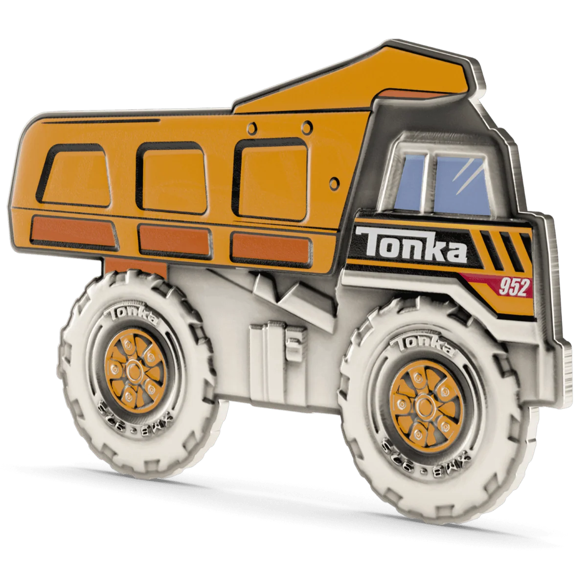 Colorized silver dump truck coin with Niue Tonka branding and vibrant orange details, graded GR Reserve, front right view.