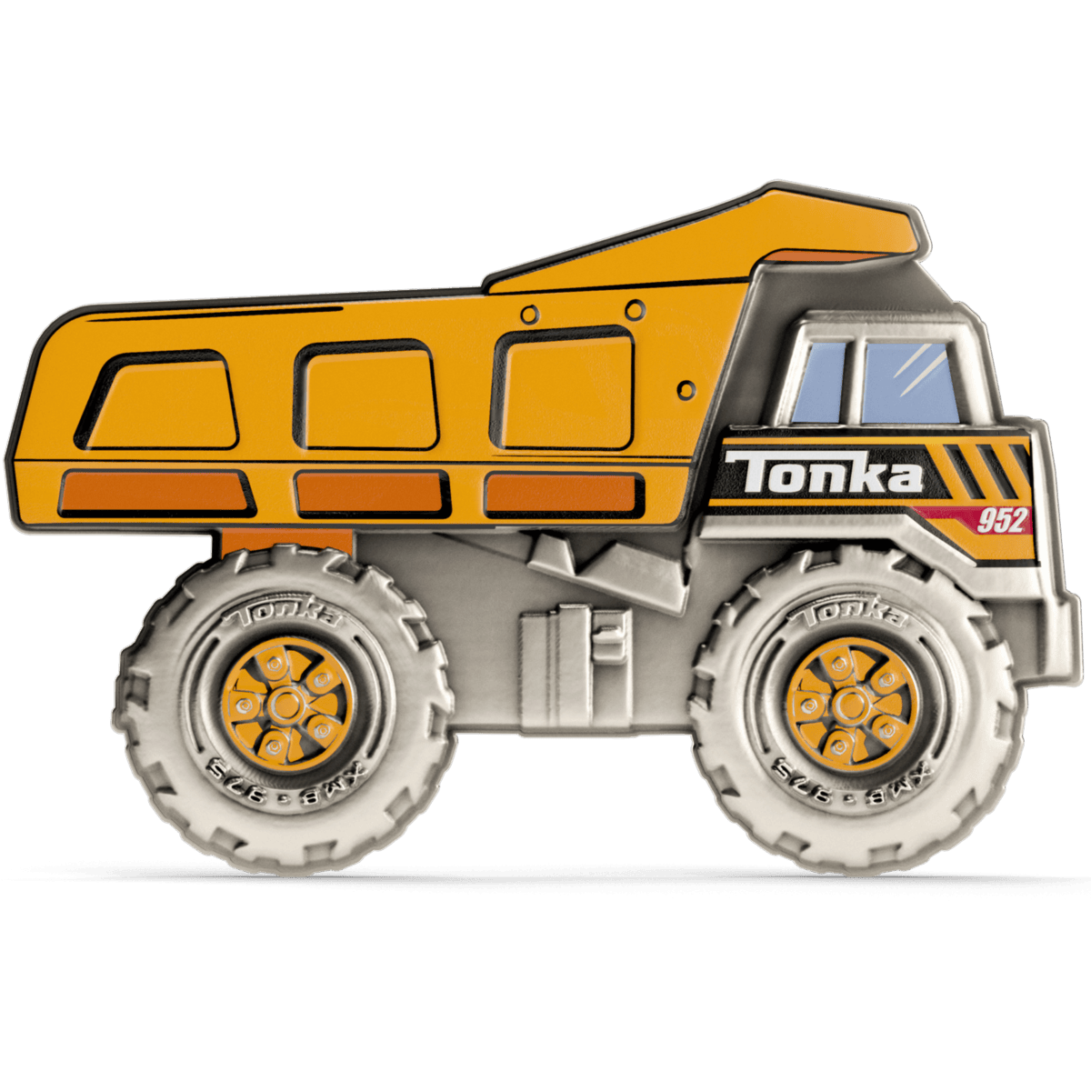 Colorized Niue silver proof coin featuring a Tonka dump truck design, 1 oz silver, limited edition, with vibrant orange and metallic details.