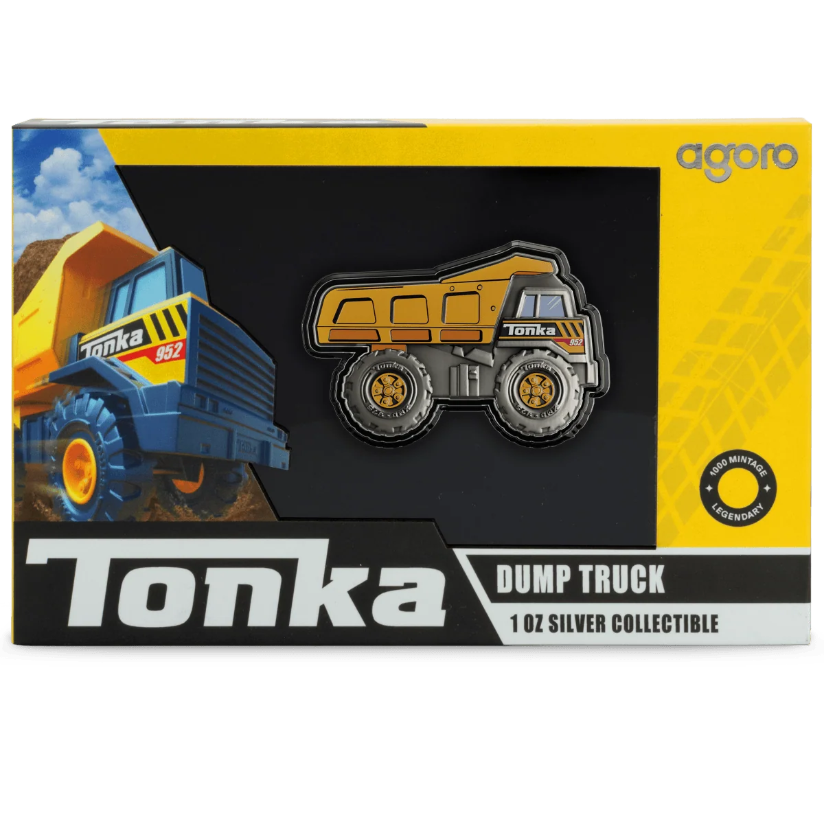 Colorized Tonka dump truck 1 oz silver proof coin in collectible packaging.
